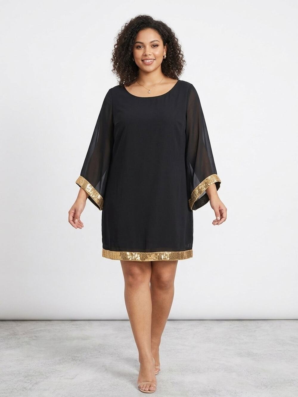 Clocolor Black Shift Dress XL Gold Sequin Chiffon Bell Sleeve Cocktail Party